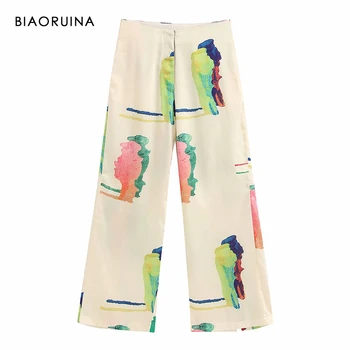 BIAORUINA Femei Diagonal pline de culoare de Cerneală Imprimate Vrac Pantalonii cu Talie Naturale Lungime Completă Casual Stil Plajă pantaloni Pantaloni