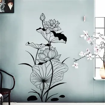 Autocolant de perete Camera de zi Chinez Geomantic Cerneală Lotus Autocolante de Mână-pictat Decorare Camera Adolescent Fete Decorative Viniluri