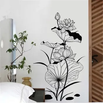 Autocolant de perete Camera de zi Chinez Geomantic Cerneală Lotus Autocolante de Mână-pictat Decorare Camera Adolescent Fete Decorative Viniluri