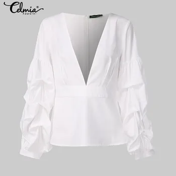 5XL Celmia Moda Femei Tricouri Felinar Sleeve V neck Bluza Eleganta 2021 Toamna Solid Casual, Office Top Tunica Plus Dimensiune Blusas