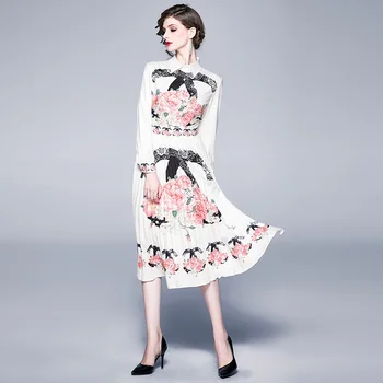 Banulin Pista de Designer pentru Femei Rochie Midi 2020 Primavara-Vara Vintage imprimeu Floral Model Lung cu Maneci Plisate Rochie de Camasa
