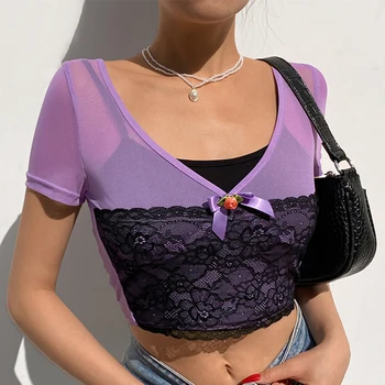 Dantela Mozaic Sexy Gotic Culturilor T-Shirt-Uri De E-Stil Fata Arc Fata V-Neck Maneca Scurta Bodycon Violet Tee Femei Topuri Toamna