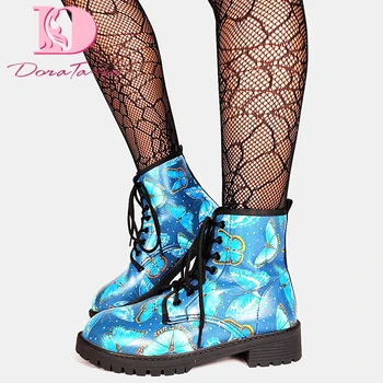 DoraTasia Brand De Moda Doamnelor Fluture Albastru Indesata Glezna Cizme Tocuri Joase Cizme Scurte Nou La Modă 2021 Primăvară Femeie Pantofi