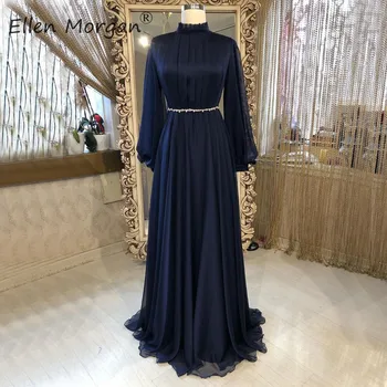 Marina Albastru Șifon arabă Mâneci Lungi Rochii de Seara de Petrecere Elegante pentru Femei de Înaltă Gât Poze Reale Vintage Rochii Formale 2020