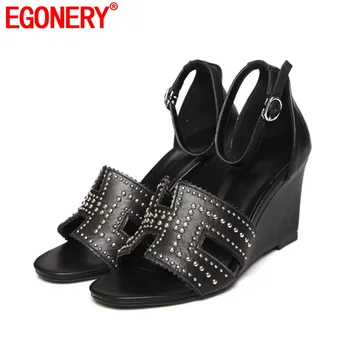 EGONERY din Piele femei Pantofi de Moda de Vară 2020 mai Noi Sandale de Unghii Șirag de mărgele, Pene de Pantofi din Piele Simplitate Pantofi Casual