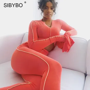 SIBYBO Dungi Mozaic de Fitness, Treninguri Femei din Două Piese Set Flare Sleeve Top de Cultură Și Pantaloni Seturi 2020 Toamna Tinutele Casual
