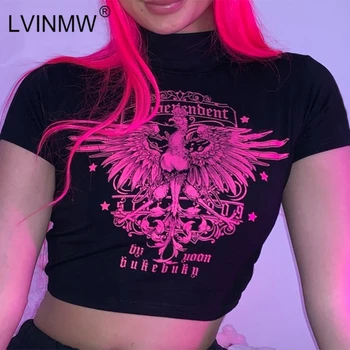 LVINMW Stil Gotic Vultur Scrisoare de Imprimare Slim Culturi de Top de Vară 2020 Femei din Bumbac cu Maneci Scurte Mock Neck T Shirt Moda Streetwear