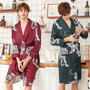 Satin Kimono-Halat Rochia Barbati Maneca Lunga Raionul Cămăși De Noapte De Primavara-Vara Halat De Baie Pijamale Imprimate Mirele Nunta Sleepwear