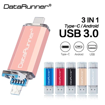 DataRunner OTG 3 in 1 USB Flash Drive USB3.0 & Type-C & Micro USB Pen Drive 32GB, 64GB, 128GB, 256GB 512GB Pendrive pentru SmartPhone