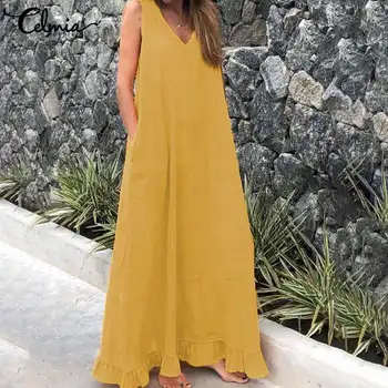 Celmia Femei Maxi rochie de vară Boem Sexy V gât Rochie de Vară fără Mâneci Casual Vrac Lenjerie de Cămașă Lungă Volane Vestidos Halat 5XL