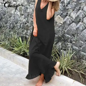 Celmia Femei Maxi rochie de vară Boem Sexy V gât Rochie de Vară fără Mâneci Casual Vrac Lenjerie de Cămașă Lungă Volane Vestidos Halat 5XL