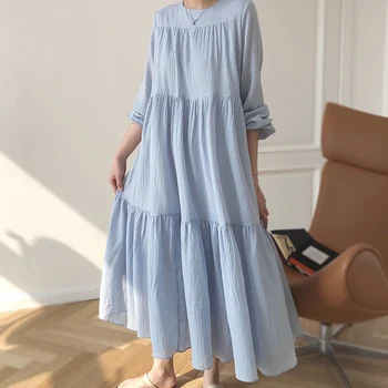 Tricou Vintage Rochie Pentru Femei Toamna Sta Cu Maneci Lungi Robe Largi Vestido Mujer 2020 Nou Solid Albastru Roz Culoare Rochii Pentru Femei