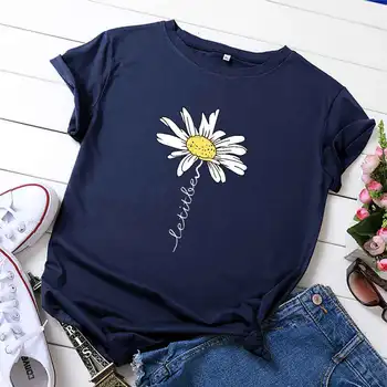 Bumbac Vara Noi Femei T-shirt, O-Neck Harajuku Daisy Print Top Casual Femei tricou Supradimensionat Marimea S-5XL