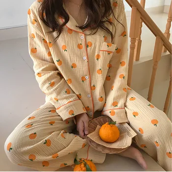 Portocale dulci Tipărite Pijamale Femei din Bumbac coreeană Japoneză Sleepwear 2 buc Guler de Turn-down Casual Homewear Tricou+Pantaloni Suir S666