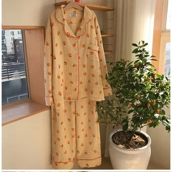 Portocale dulci Tipărite Pijamale Femei din Bumbac coreeană Japoneză Sleepwear 2 buc Guler de Turn-down Casual Homewear Tricou+Pantaloni Suir S666