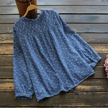 Toamna anului Nou Stil de Arte Femei cu Maneci Lungi Vrac V-gât Camasi Bumbac Buzunar Dublu Print Vintage Bluze Femme Topuri M312