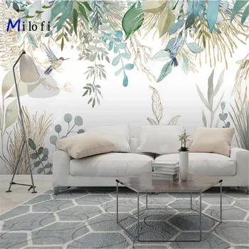 Milofi personalizat mare tapet mural Nordic mână-pictat mici proaspete tropicale, plante, frunze, flori și păsări de fundal