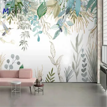 Milofi personalizat mare tapet mural Nordic mână-pictat mici proaspete tropicale, plante, frunze, flori și păsări de fundal