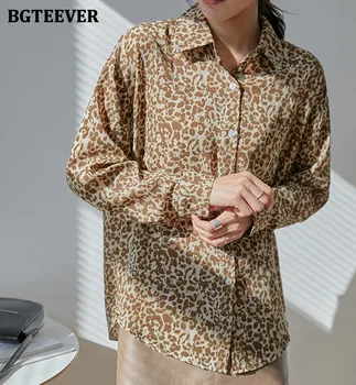 BGTEEVER Moda Leopard Guler de Turn-down pentru Femei Cămăși Bluze cu Maneca Lunga Vrac Elegant Feminin Topuri Blusas 2021 Primăvara anului Nou