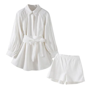 Femei Albe Camasi Lungi pantaloni Scurți Două Seturi de Piese Lantern Maneca Centura Bluza + Mini Gâfâi Costume 2019 Vară de Moda OL Îmbrăcăminte Set
