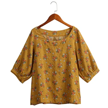 Vara Femei Lenjerie De Pat Din Bumbac Bluza Vintage Imprimeu Floral Maneca 3/4 Casual Tricou Vrac Plus Dimensiune Boem Femei Topuri Si Bluze