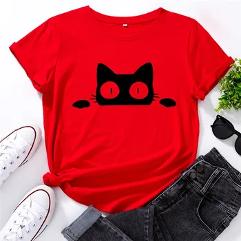 Plus Dimensiune S-5XL Pisica Drăguț de Imprimare din Bumbac Tricou Tricouri Femei O Gâtului Maneca Scurta pentru Femei de Vara Tricou Roz Top Kawaii