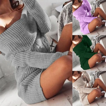 Femei Cu Maneci Lungi Sexy De Pe Umăr Mini Rochie Pulover Culoare Solidă Slim Pachet Șold Pulover Tricot Tunica Streetwear