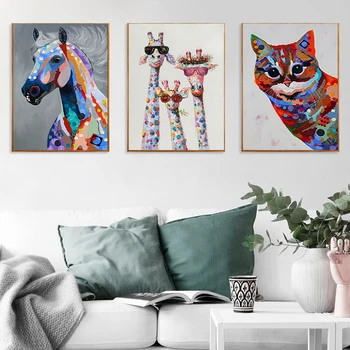 Colorat Animale Girafa Pisica Cal Panza Pictura Postere si Printuri Quadros Arta de Perete de Imagine pentru Camera pentru Copii Decor Acasă Cuadros
