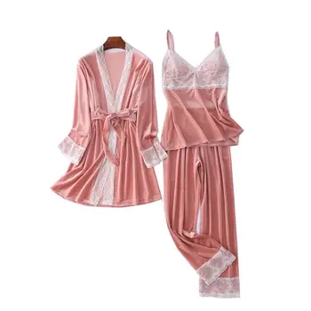 Iarna Aur Catifea Set de cămașă de noapte Calda Pijamale pentru Femei Dantela Sexy Sleepwear Foarte Moale Pijamas Mujer High-end Acasă Haine 3PCS