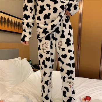 Pijama Seturi pentru Femei Îmbrăcăminte de sex Feminin 2 Bucata Moale de Agrement Drăguț Îmbrăcăminte exterioară BF Uzura Acasă Ins Kawaii Liber Invierno Cald Gât Rotund Noi