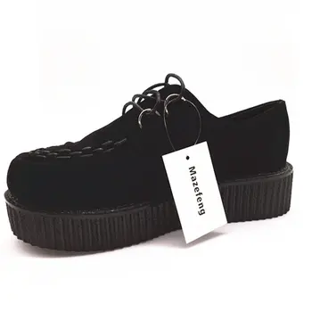 Primavara Femela cu talpă Groasă Platforme pantofi Rotund-Deget de la picior Singur pantofi Femei Pantofi Casual negru Student Femei Pantofi Plat Dantelă-up