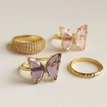 Noua moda cupru aurit femei romantice fluture cristal colier cercei set inel bijuterii