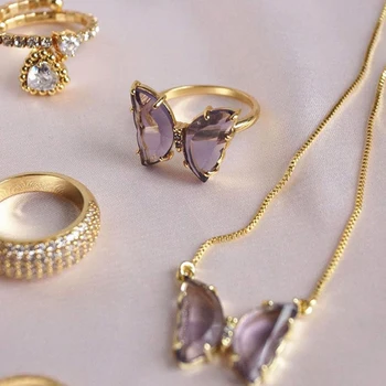 Noua moda cupru aurit femei romantice fluture cristal colier cercei set inel bijuterii