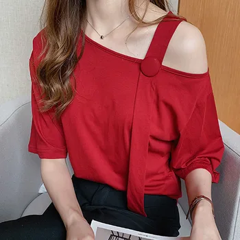 2021 Moda coreeană Vrac Plus Dimensiune 4XL Femei Topuri de Vara cu Maneci Scurte Culoare Solidă Oblic Guler Șifon Bluza Femei 9451 50