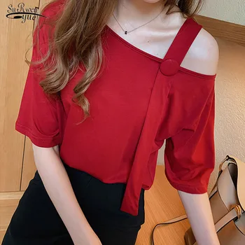 2021 Moda coreeană Vrac Plus Dimensiune 4XL Femei Topuri de Vara cu Maneci Scurte Culoare Solidă Oblic Guler Șifon Bluza Femei 9451 50