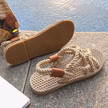 SAGACE Sandale pentru Femeie Pantofi Bej Curea Toe Plaja de Cânepă Rotund Deget de la picior Plat Cu Dantelă-Up Liber Creativitatea Sandale Femei Pantofi de Vara