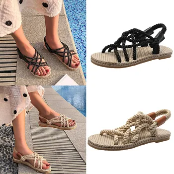 SAGACE Sandale pentru Femeie Pantofi Bej Curea Toe Plaja de Cânepă Rotund Deget de la picior Plat Cu Dantelă-Up Liber Creativitatea Sandale Femei Pantofi de Vara