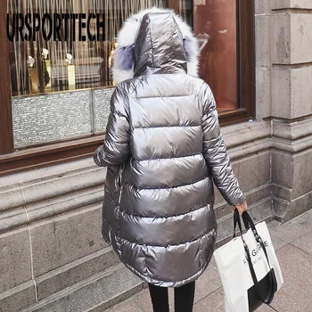 Moda Impermeabil Lucios Argintiu Down Parka Pentru Femei Jachete De Iarnă Caldă Mare Guler De Blană Windproof Doamnelor Mediu-Lung Cu Gluga Straturi