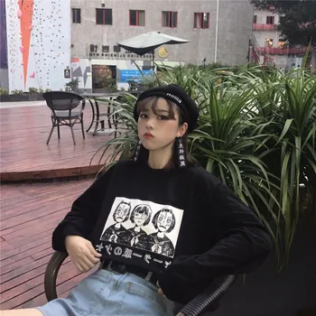 Desene Animate Gotic Fată Drăguță Caracter Grafic De Imprimare Pulover Tricou Negru Hanorace Coreean Maneca Lunga De Sus Harajuku Primăvară Subțire