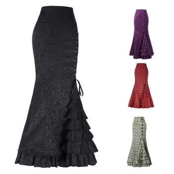 Victorian Asimetric Ciufulit Satin & Lace Trim Gotic Fuste Femei rochie Corset Vintage Steampunk Fusta Costume Cosplay