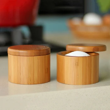 Cutie cu sare, Bambus Cutie de Depozitare cu inchidere Magnetic Rotativ Capac, 