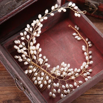 Trendy Aur Perla Pieptene de Par Mireasa rochie de Mireasă Nunta Accesorii de Par Pentru Mireasa, ornamente de Păr de Păr Femei Bijuterii