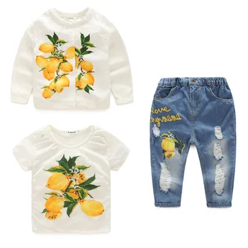 2019 Fete de Moda de îmbrăcăminte Seturi de flori/lemon tree fetita seturi denim de bumbac fata 3pcs culoare floare de îmbrăcăminte exterioară+tricouri+blugi