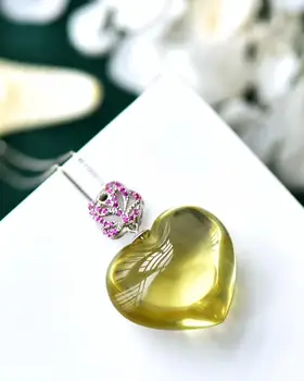 Autentic Natural Galben Citrin Cristal de Cuarț Femei Pandantiv 33x25x13mm Piatră prețioasă Inima Dragoste Bogat Piatră Colier Șirag de mărgele AAAAA