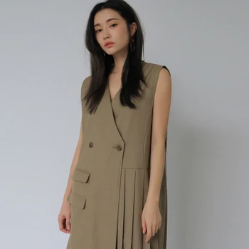 Moda coreeană V-gât Lung Vesta Femei Rochie fără Mâneci O-buton de Rochii Plisate Solid Biroul de Lucru de sex Feminin Vestidos 2020