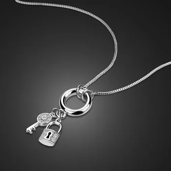 Autentic argint 925 blocare pandantiv colier lung pentru femei delicat pandantiv cheie. Moda bijuterii de argint fată & lady cadou