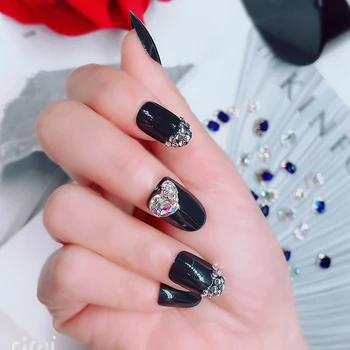 Coreea Moda Rafinat Diamante Dragoste Inima apăsați pe unghii 3D DIY Decoratiuni de Unghii Negru Lucios Rotund unghii false cu adeziv