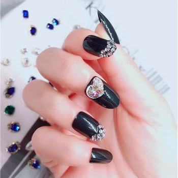 Coreea Moda Rafinat Diamante Dragoste Inima apăsați pe unghii 3D DIY Decoratiuni de Unghii Negru Lucios Rotund unghii false cu adeziv