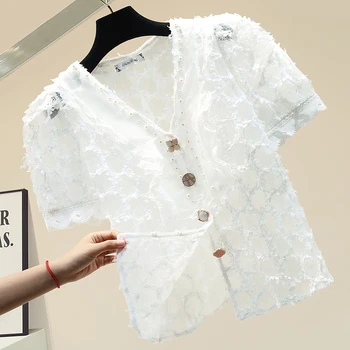 V-gât Foraj Dantela cu Margele Șifon Tricou Femei Bluză de Vară Nou Design de Vara cu Maneci Scurte Port Toate-meci Topuri Blusa