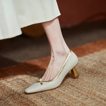 Noua din Piele Femei Pantofi Retro Slip-On de Primăvară/Toamnă Superficial Pompe Square Toe cu Toc Înalt Pantofi lucrați Manual Femeie Dimensiune 34-39